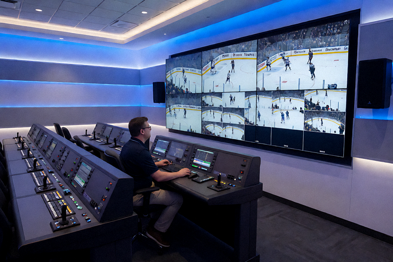体育赛事直播信号控制台与多路画面监看屏幕